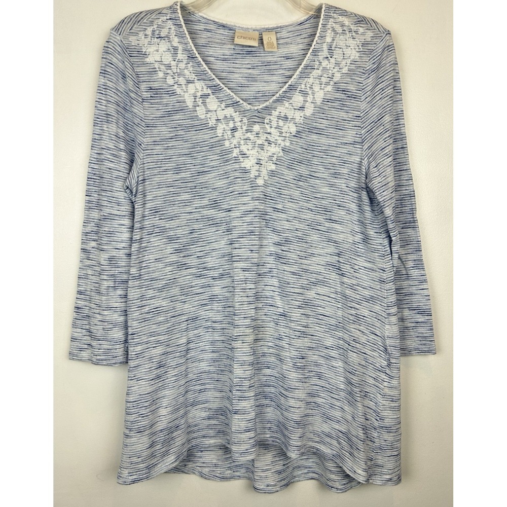 Chicos Tunic Top Womens Small 0 Blue 3/4 Sleeve Embroidered Cotton Blend Casual